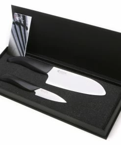 Kyocera Ceramic Knife Set 2 PC - 5.5" Santoku & 3" Paring Black Handle/White Blade
